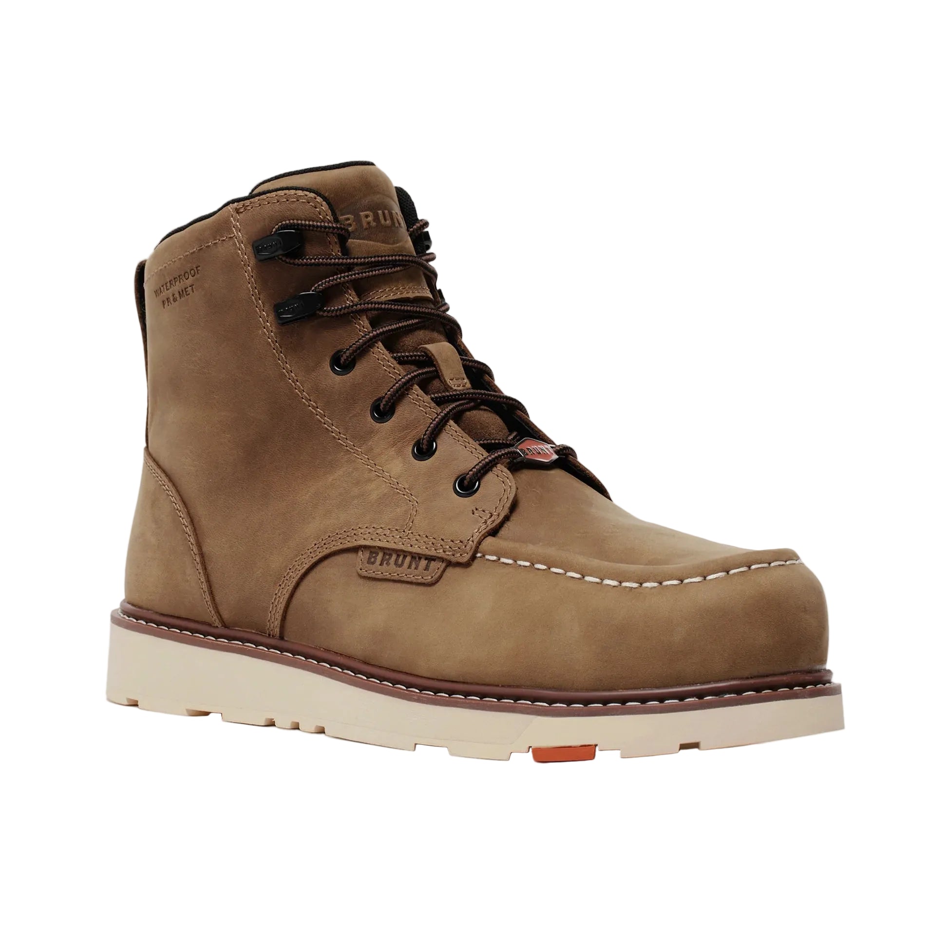 Brown leather boot with black laces on a white background