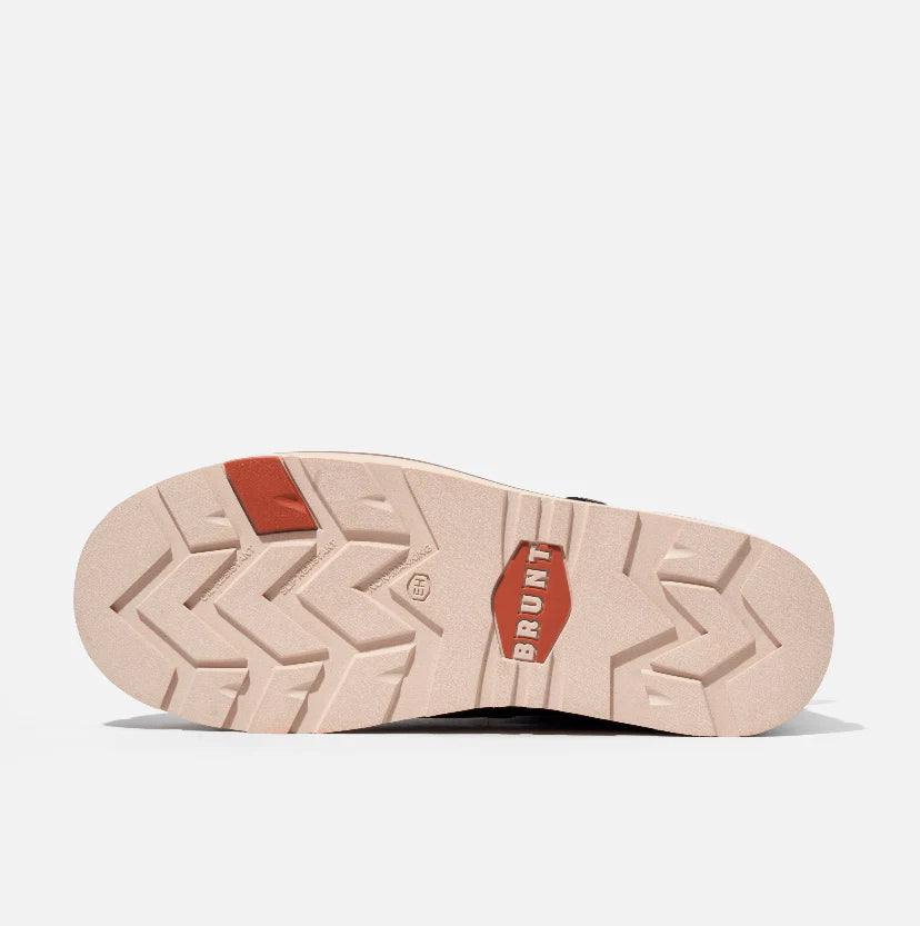 Close-up of a shoe sole with 'Brunt' branding on a white background