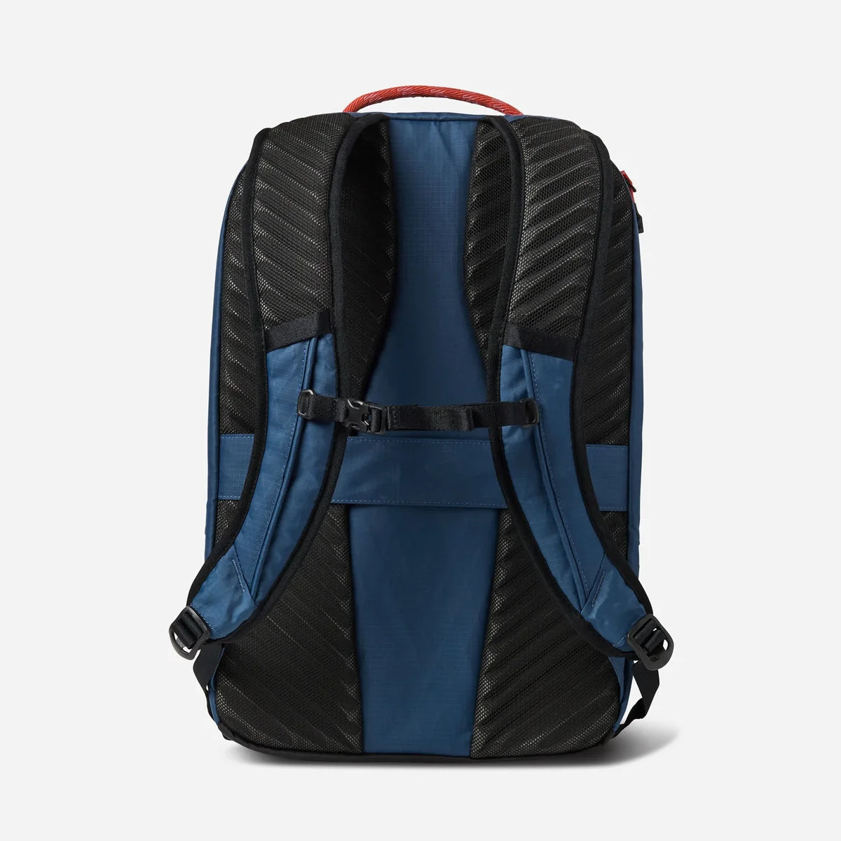 The back view of a blue and black backpack with a red top handle, shown on a light gray background.