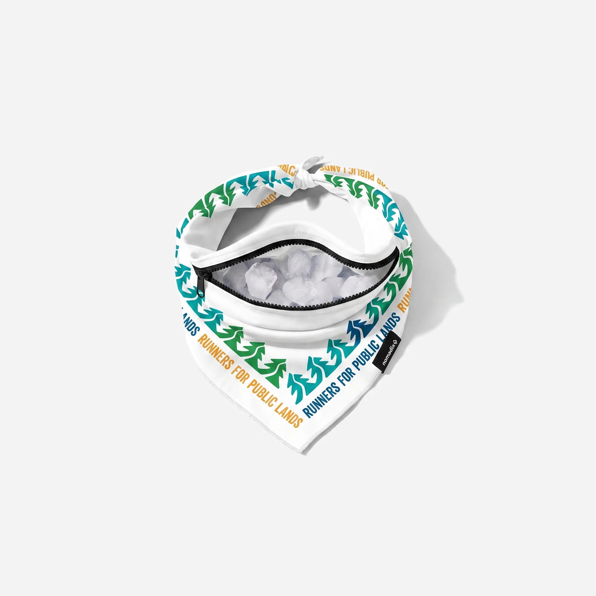 White visor with colorful text and graphics on a white background