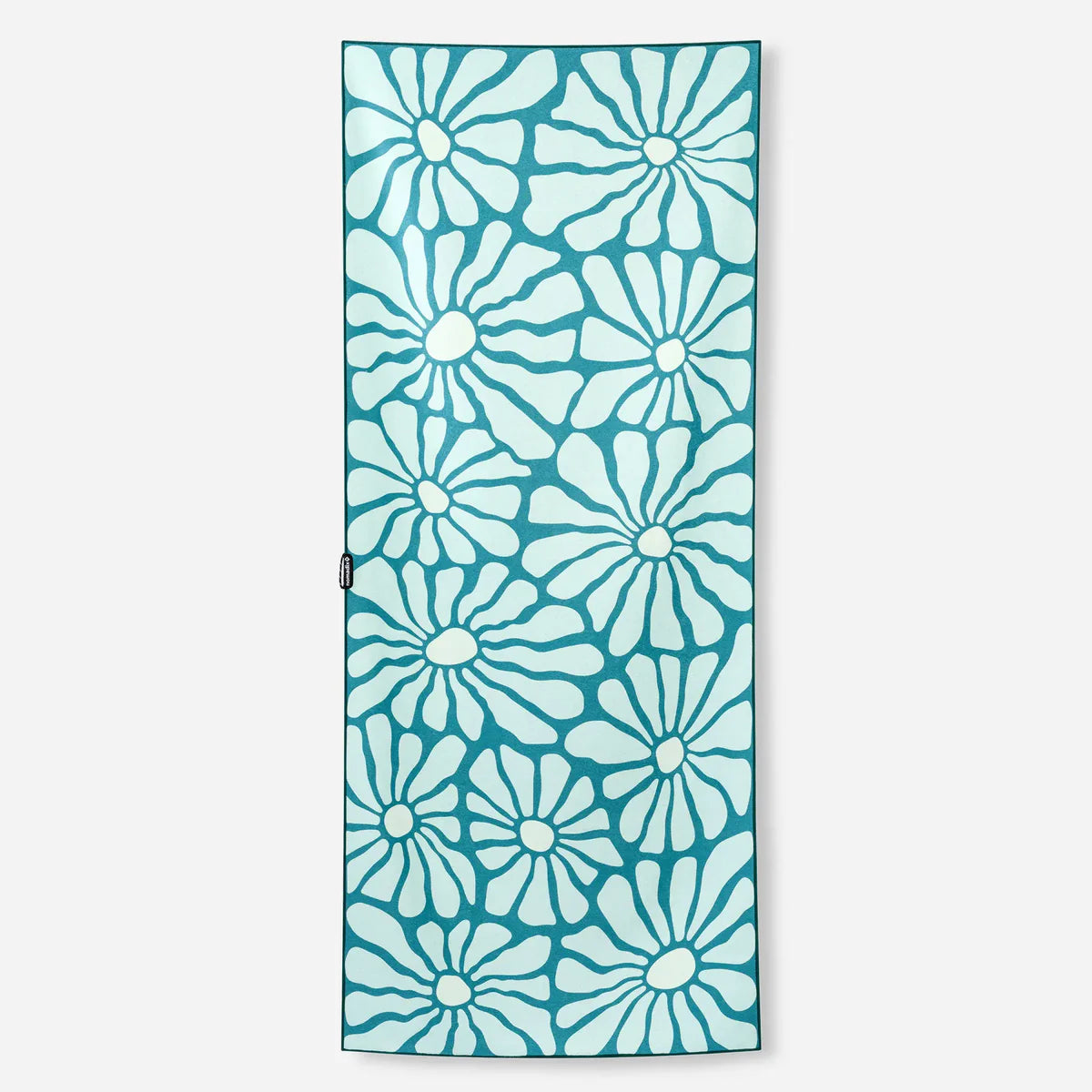 Teal floral patterned towel on a white background