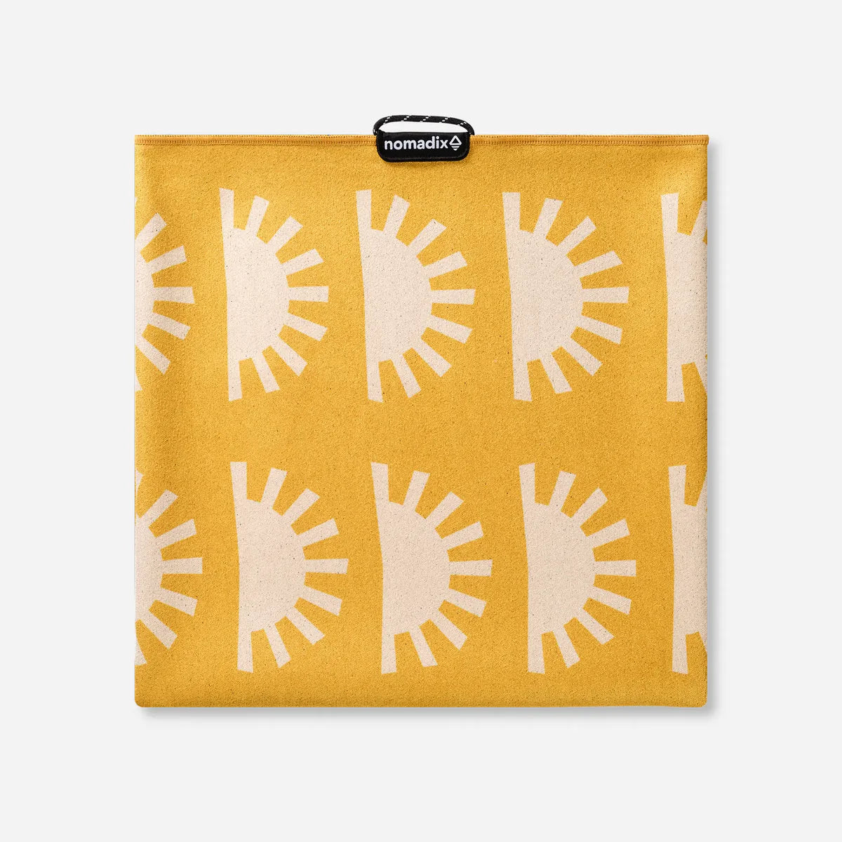 Yellow fabric with white sun patterns and a visible brand logo on a white background