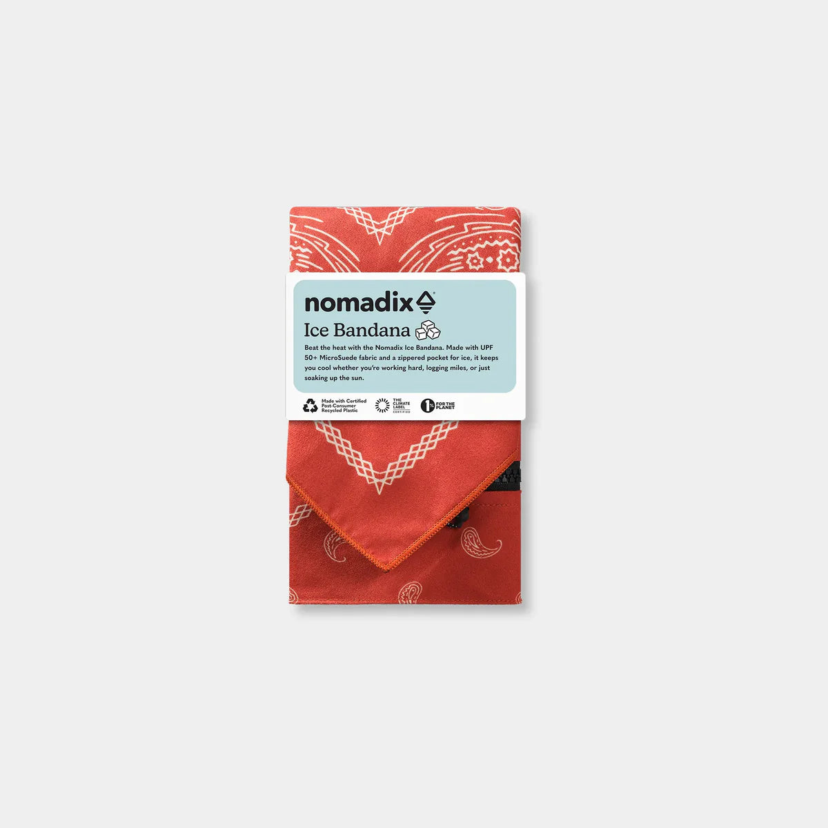 Red bandana with a 'nomadix' label on a white background