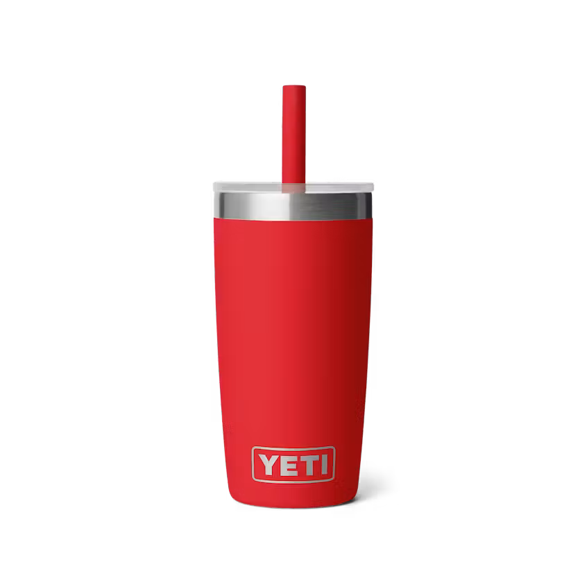 Red YETI tumbler with a straw on a white background