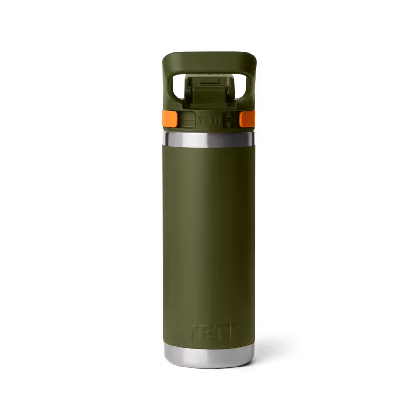 A YETI insulated travel tumbler in olive green with a stainless steel base and a small orange accent ring around the lid, shown on a clean white background.
