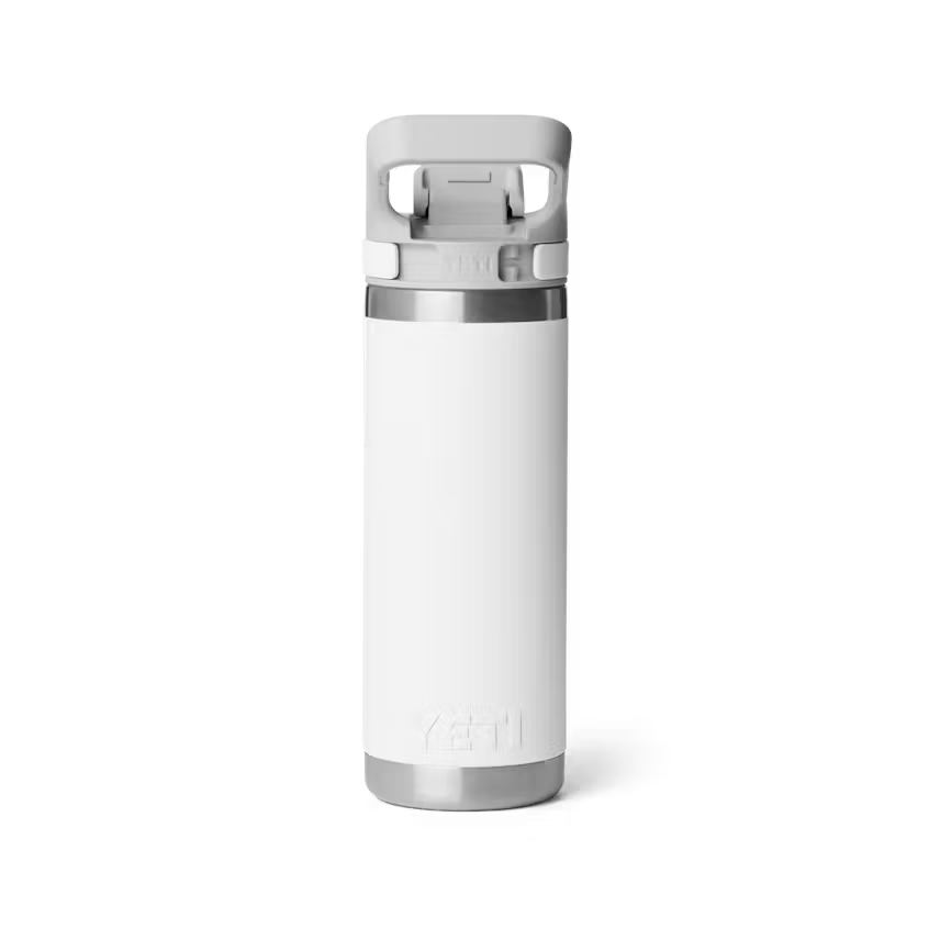 A Yeti insulated water bottle in white with a gray flip-top lid and silver metallic accents, shown on a clean white background.