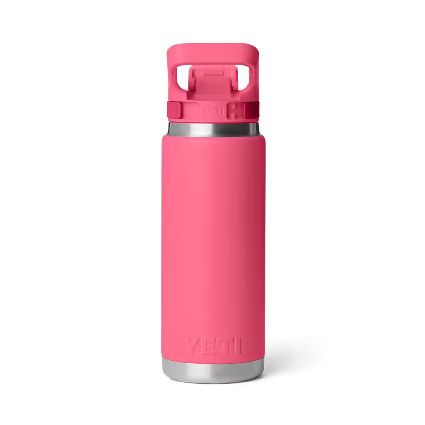 A pink Yeti insulated water bottle with a stainless steel base and a matching pink lid, shown on a clean white background.