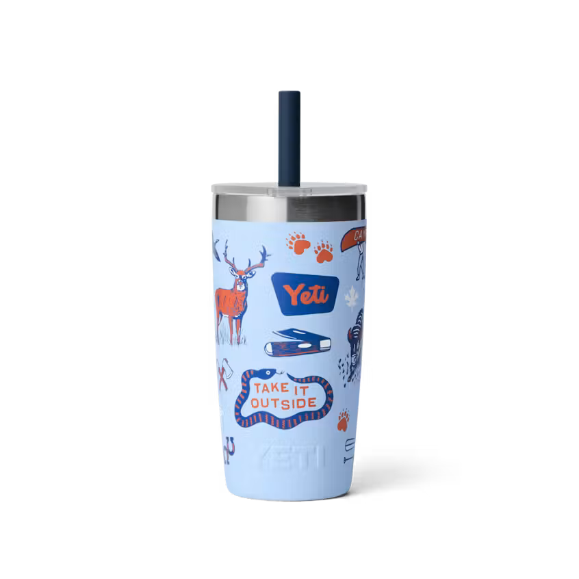 Light blue tumbler with animal illustrations and 'Yeti' logo on a white background