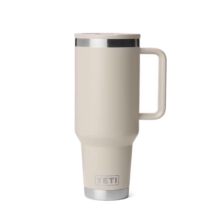 Beige YETI mug with handle on a white background