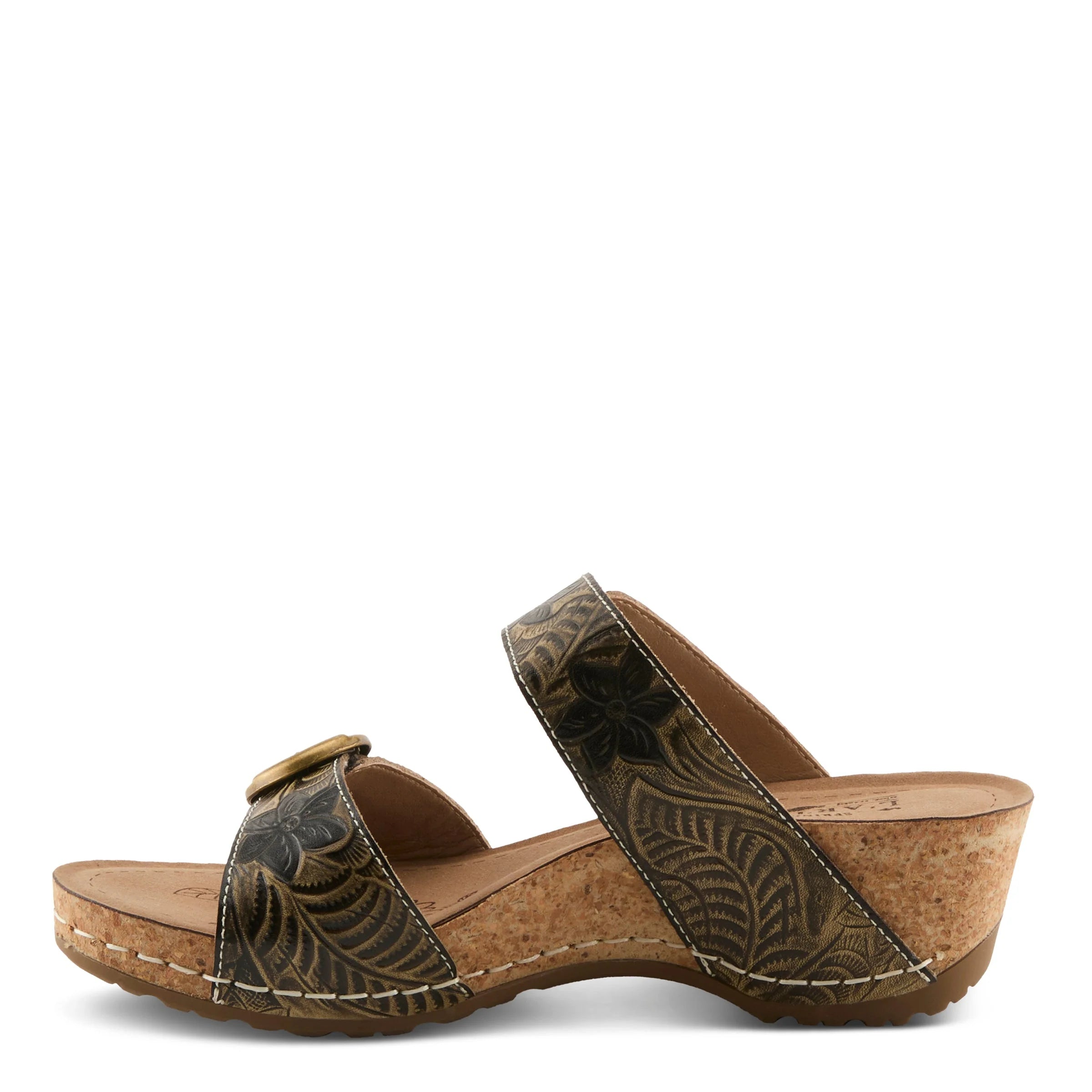 Brown sandal with embossed design on a white background