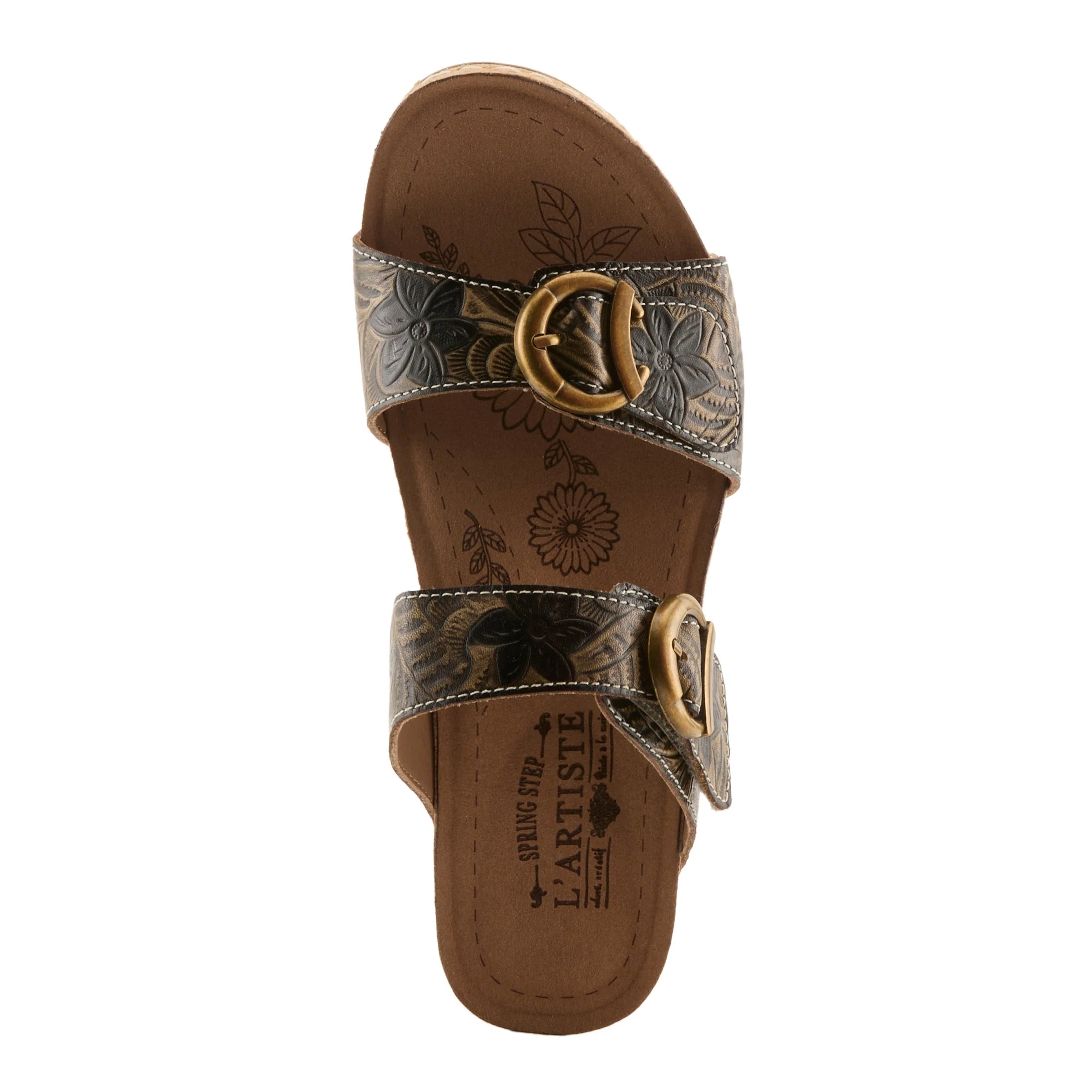 Brown sandal with floral patterns and a gold buckle on a white background