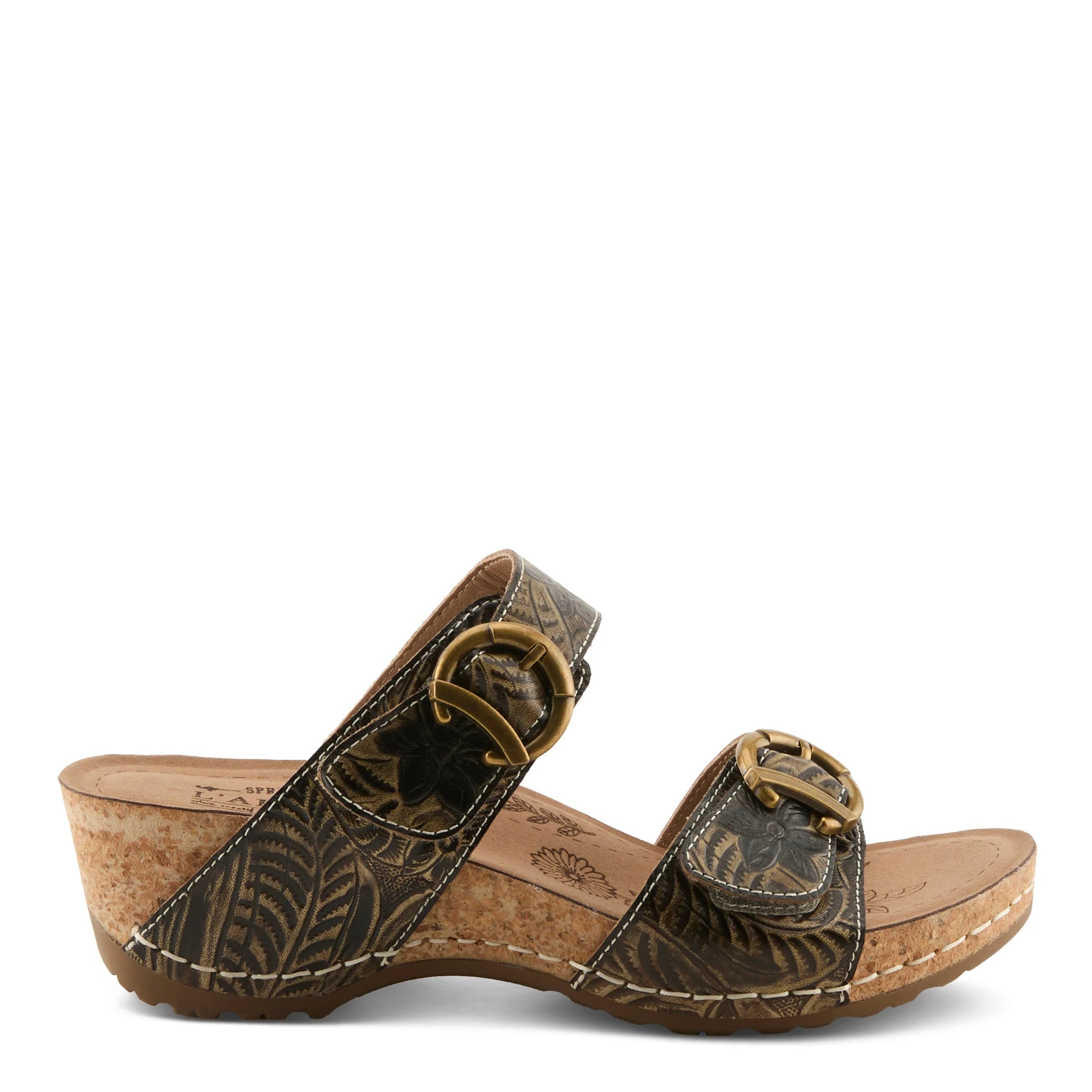 Brown sandal with cork wedge sole on a white background