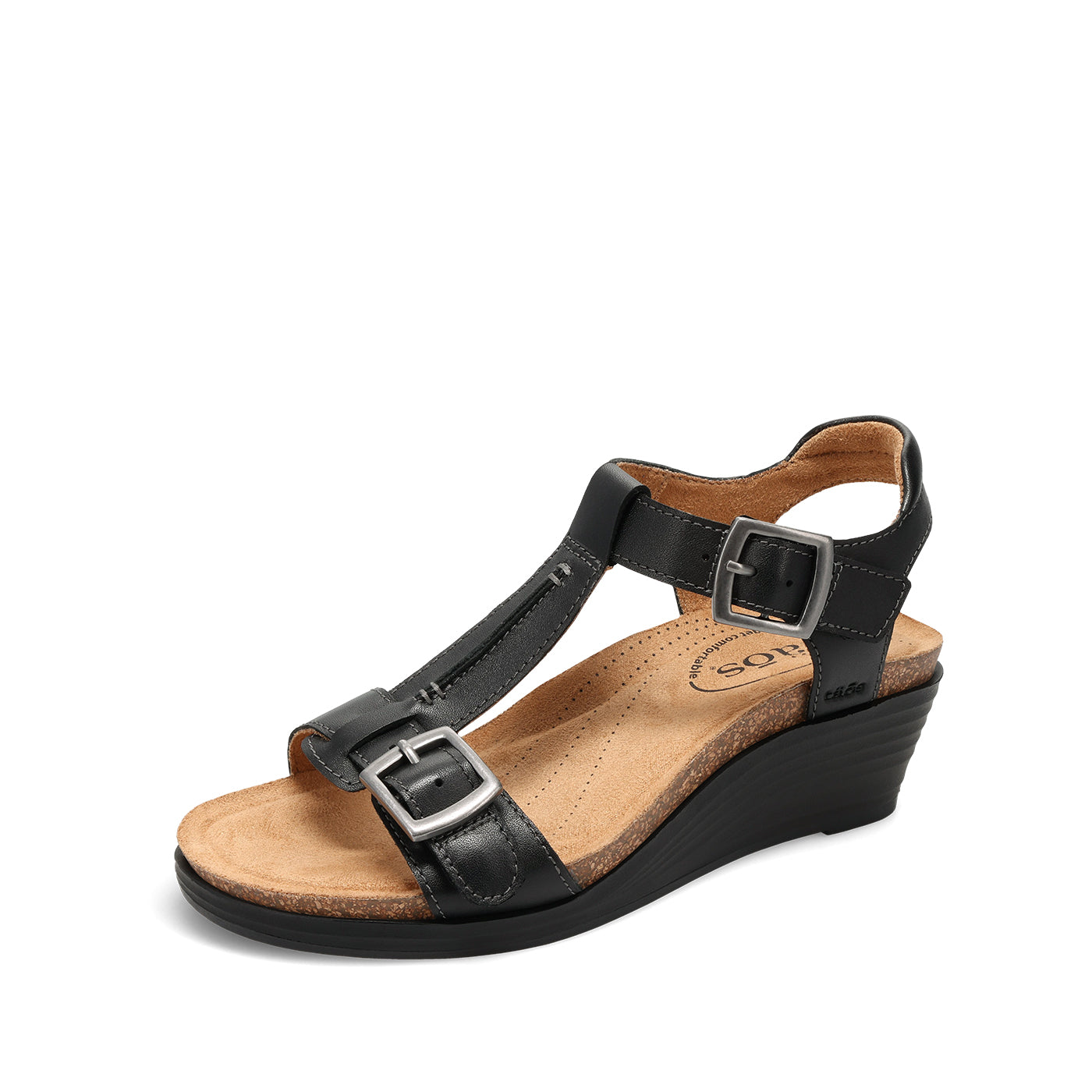 Black wedge sandal with a strap and buckle on a white background