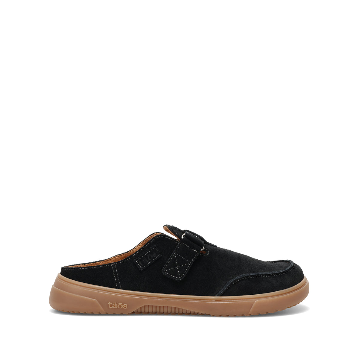 A single black suede clog-style slip-on shoe with a tan sole, shown in profile against a plain white background. The brand name 'cligo' is visible on the side of the sole.