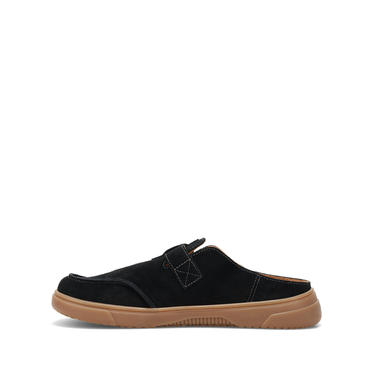 A single black suede mule slipper with a tan rubber sole, shown in profile against a solid white background.