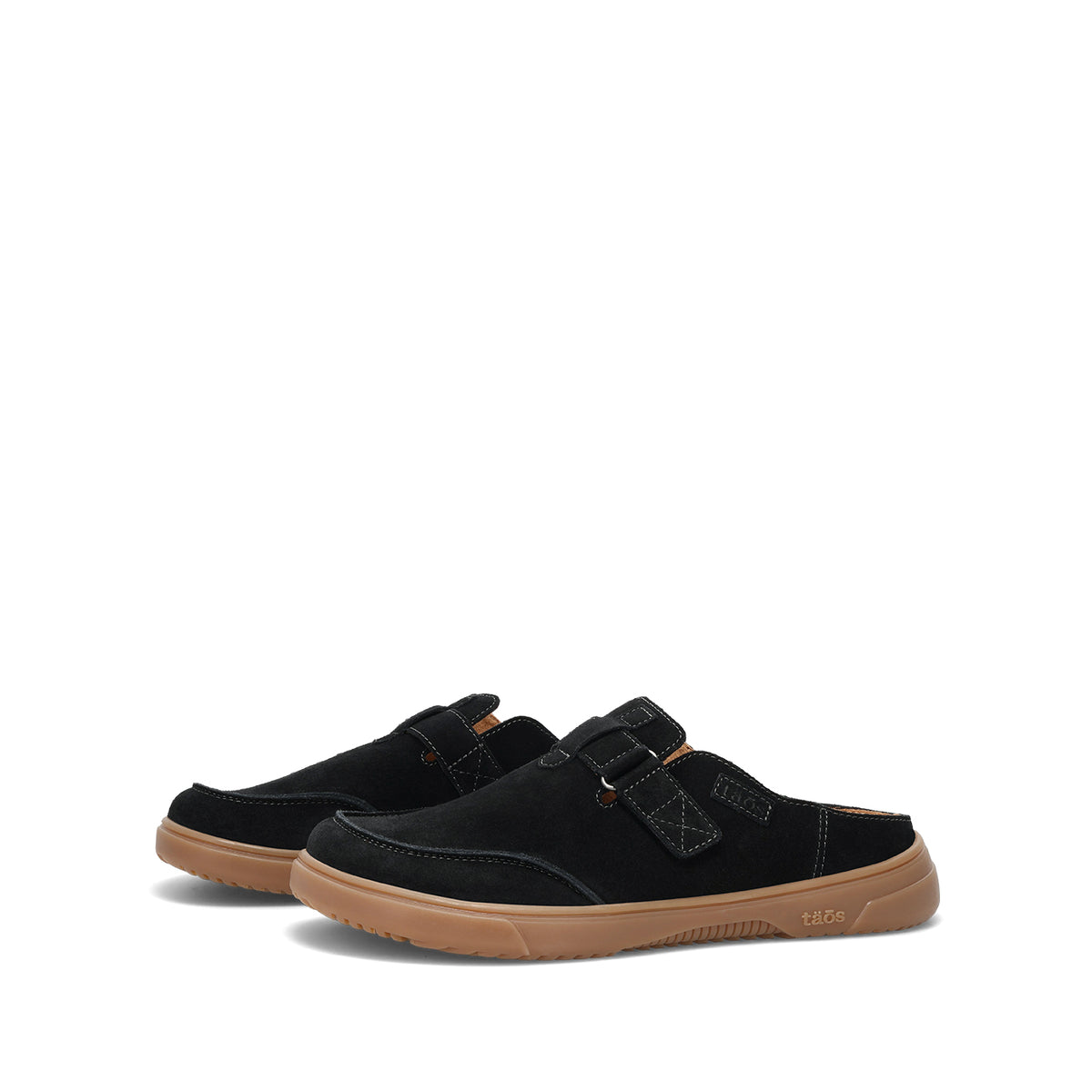 A pair of black slip-on clogs with hook-and-loop strap closures and tan soles, shown on a clean white background.