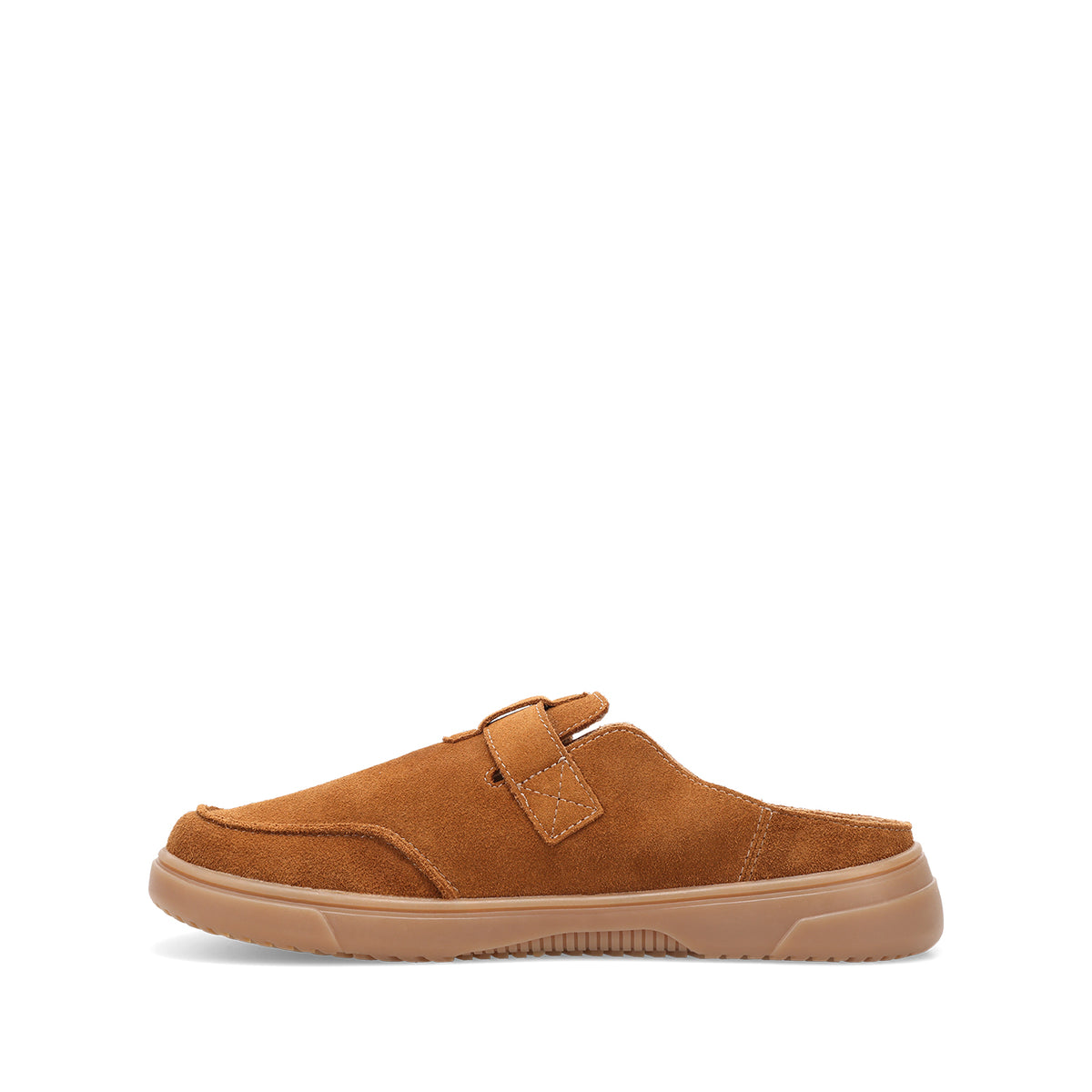 A single tan suede slip-on shoe with a hook-and-loop strap closure and a thick tan sole, shown in profile against a solid white background.