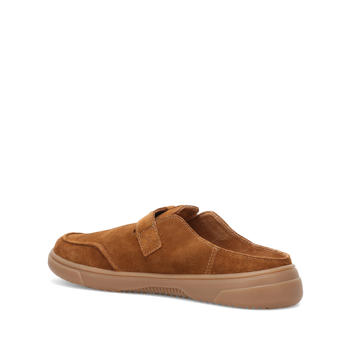 A single brown suede slip-on clog shoe with a thick tan sole, shown from a side-rear angle on a plain white background.
