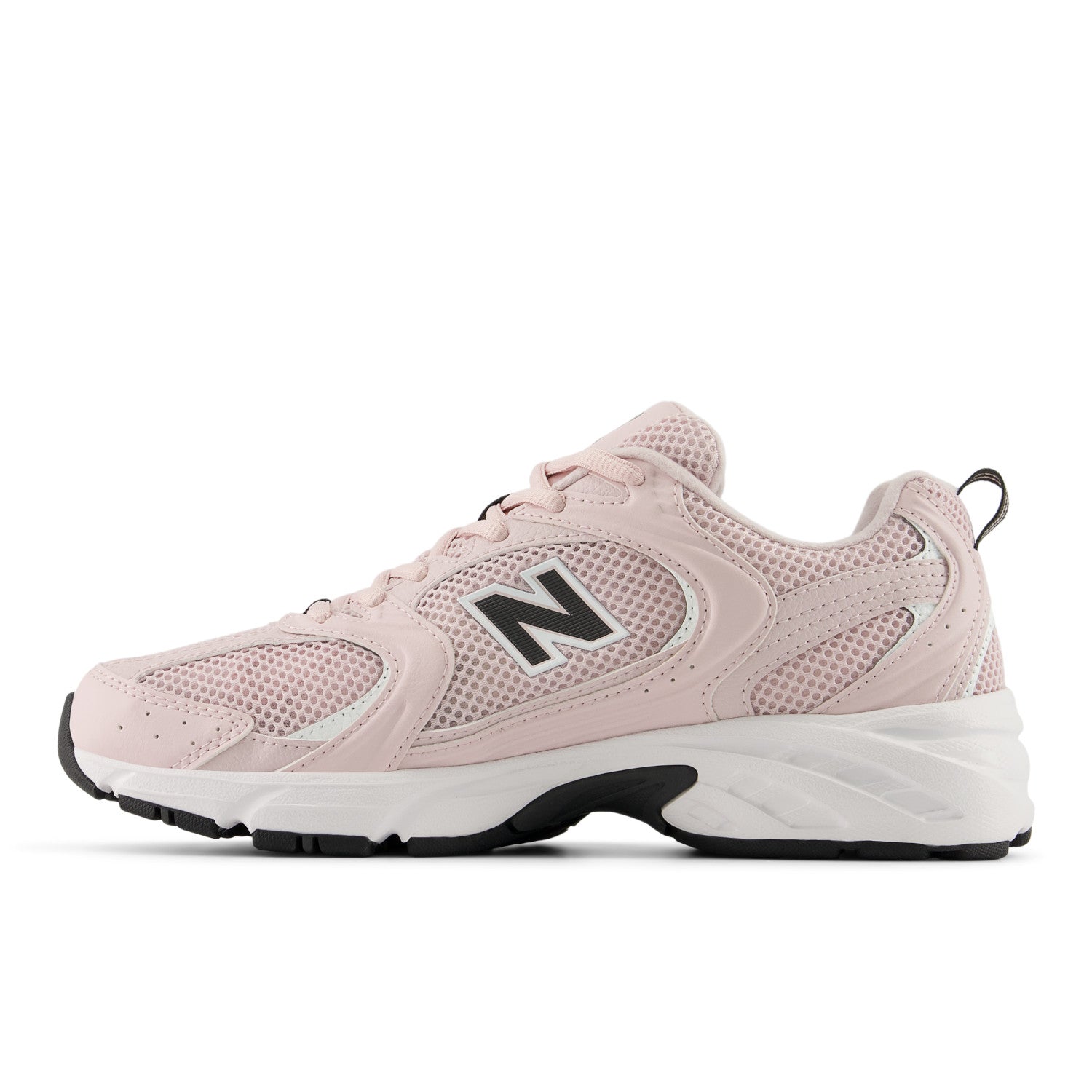 Pink running shoe with New Balance logo on a white background