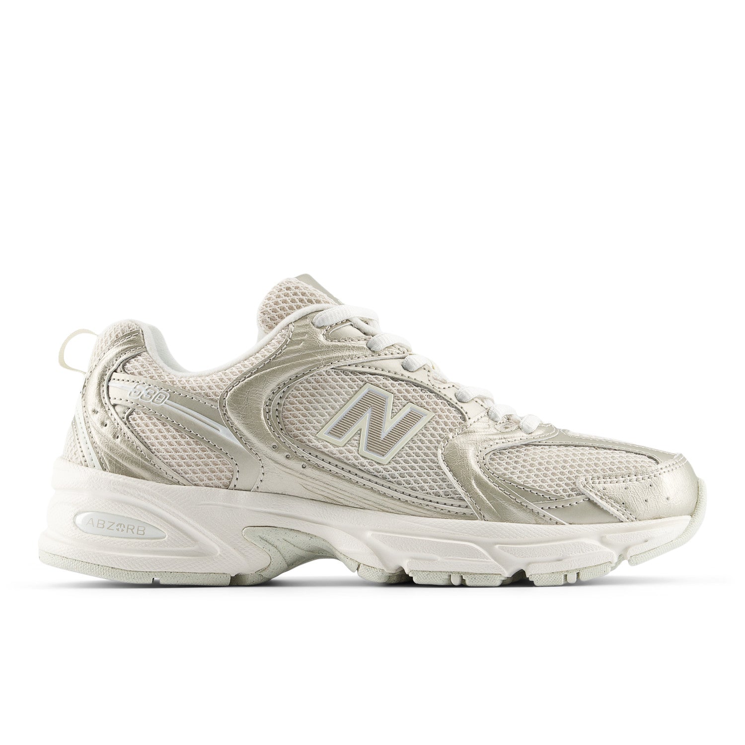 White athletic shoe with New Balance logo on a white background
