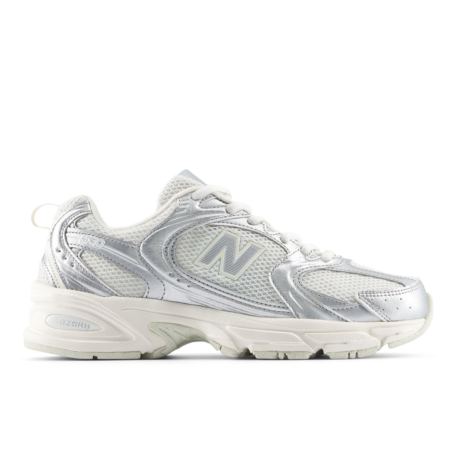 Silver New Balance sneaker on a white background