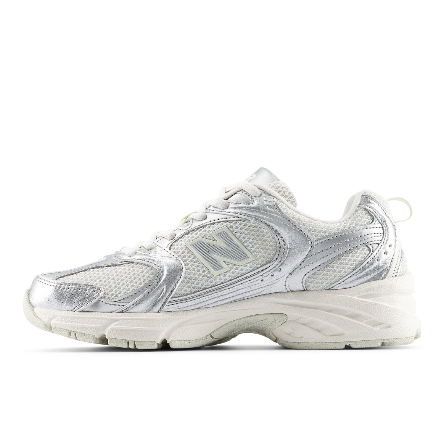 White athletic shoe with 'N' logo on a white background