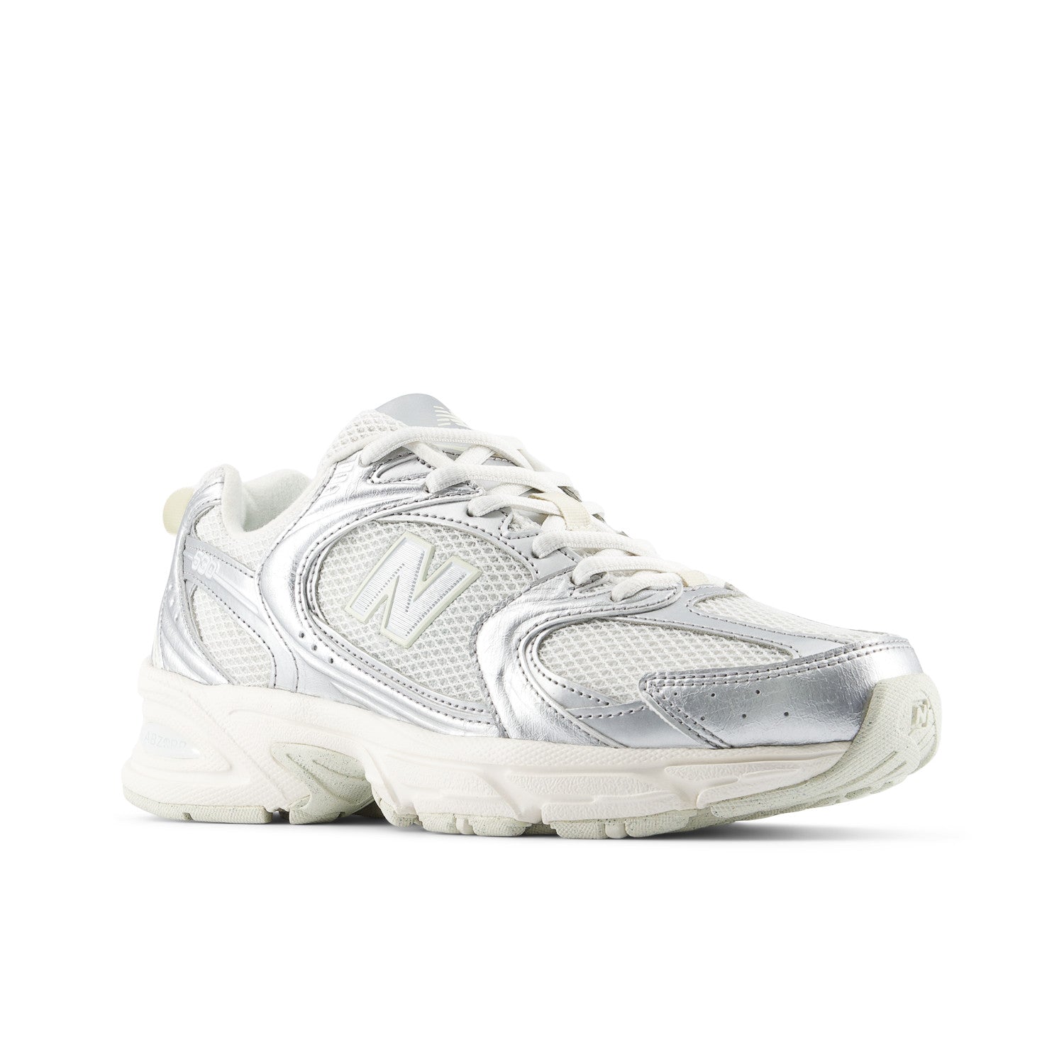 Silver New Balance sneaker on a white background