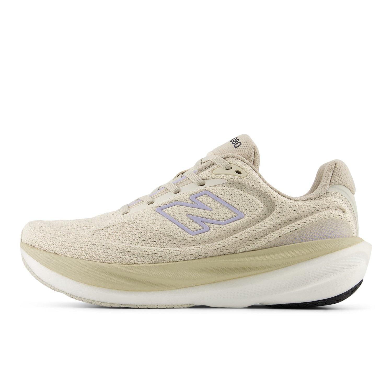 Beige running shoe with New Balance logo on a white background