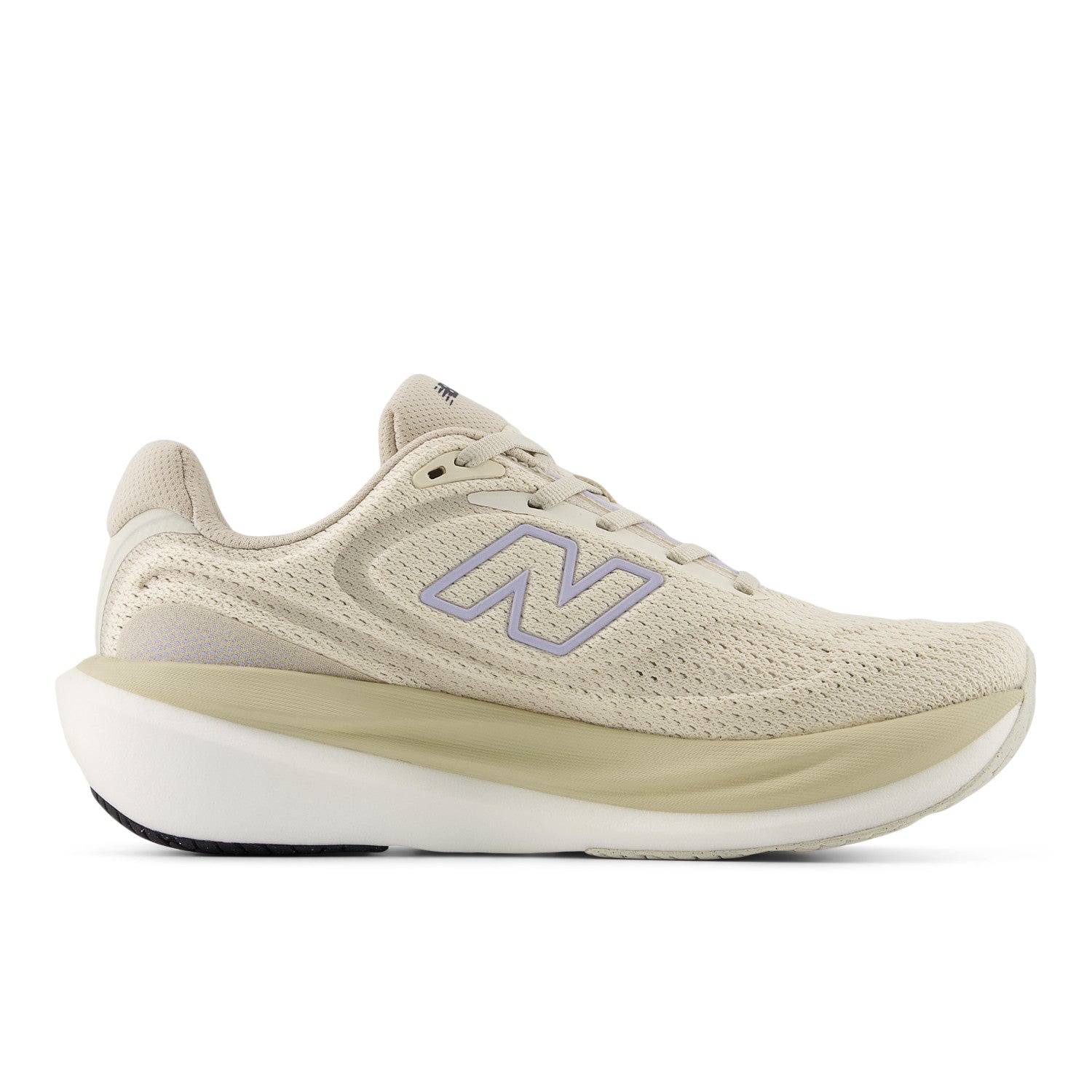 Beige running shoe with New Balance logo on a white background