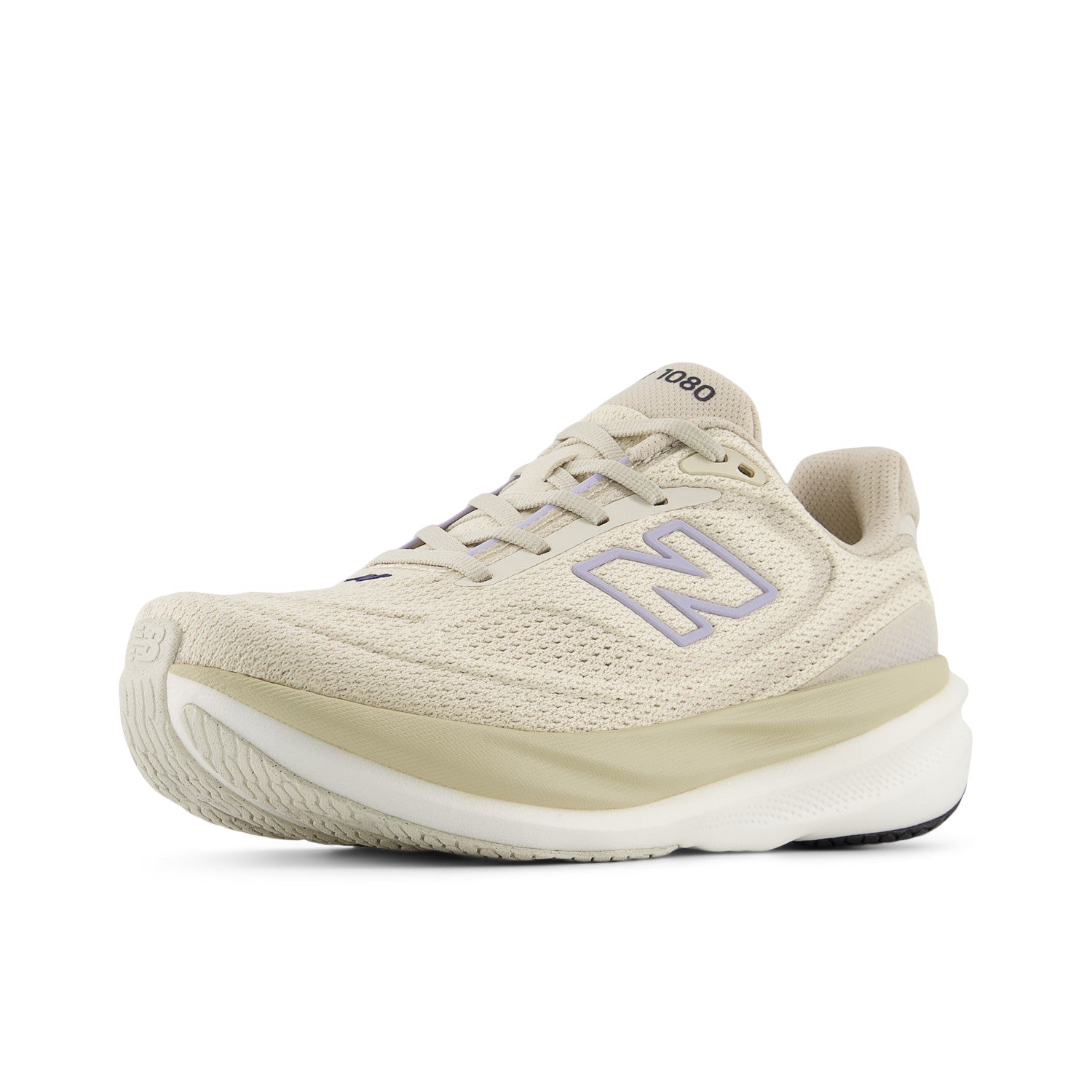 Beige running shoe with New Balance logo on a white background