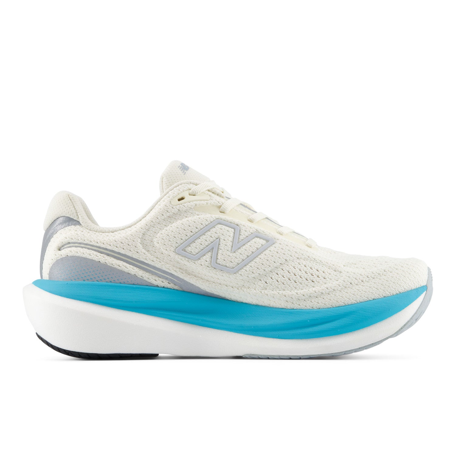 White running shoe with blue sole on a white background