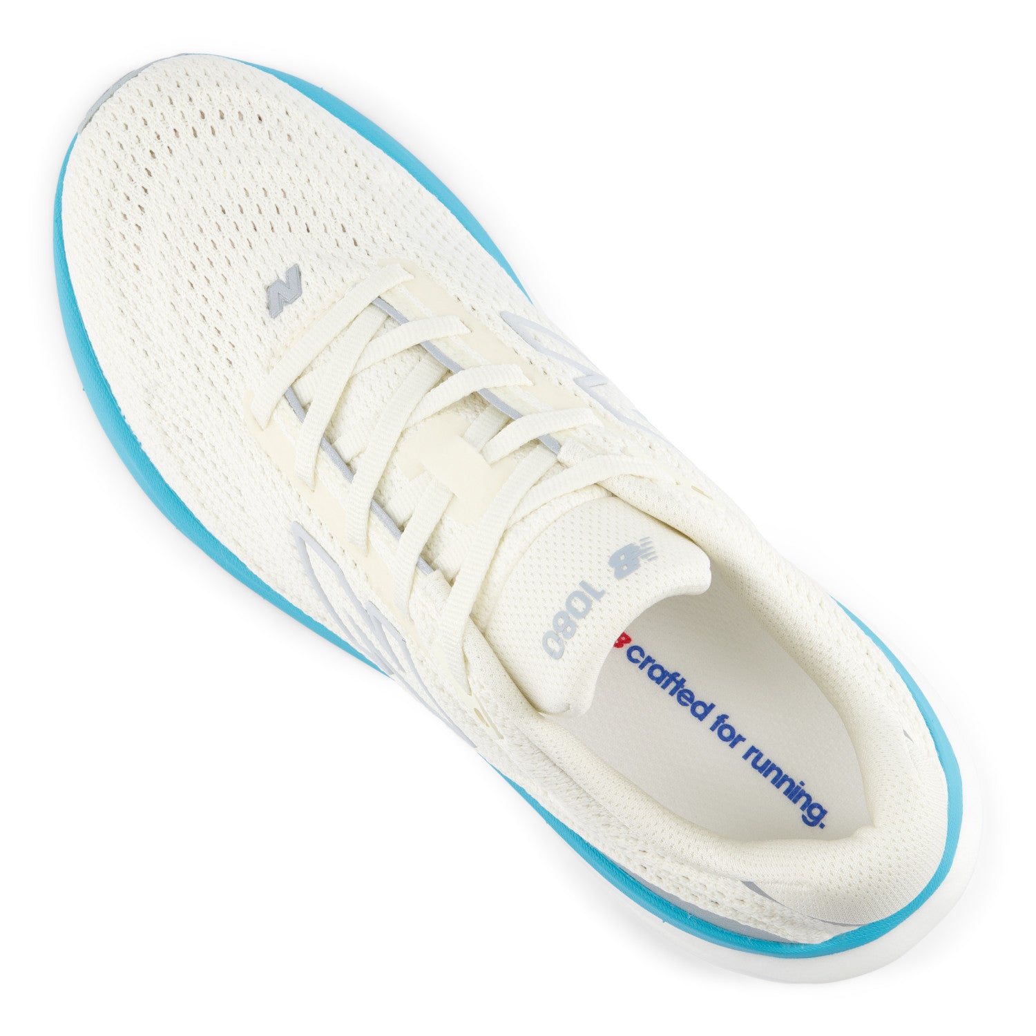 White running shoe with blue accents on a white background