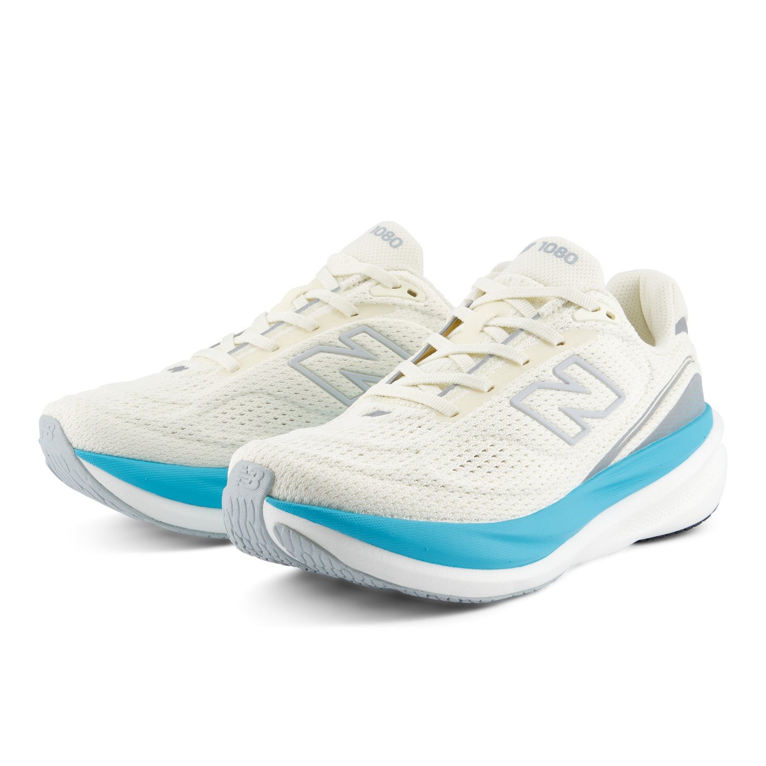 White running shoes with blue accents on a white background