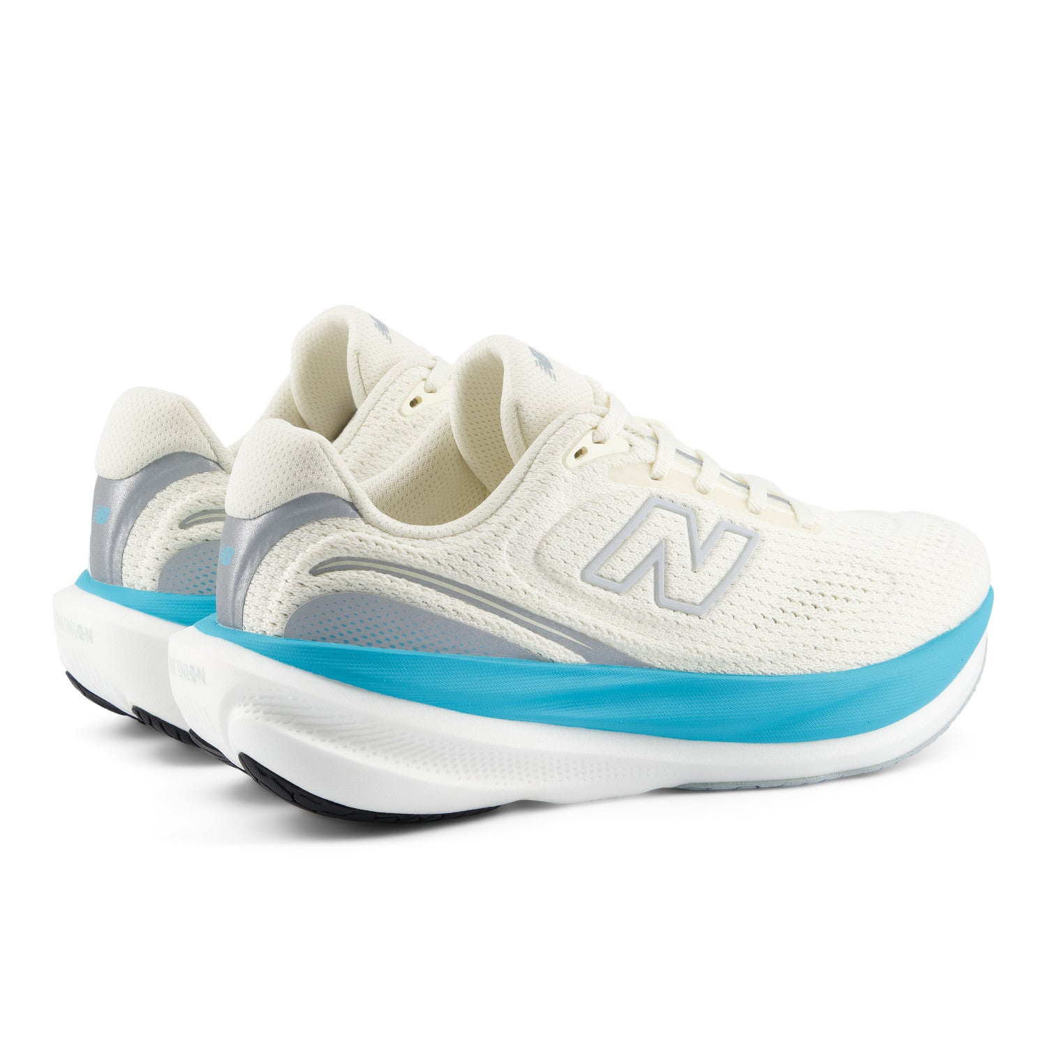 White and blue running shoes with New Balance logo on a white background