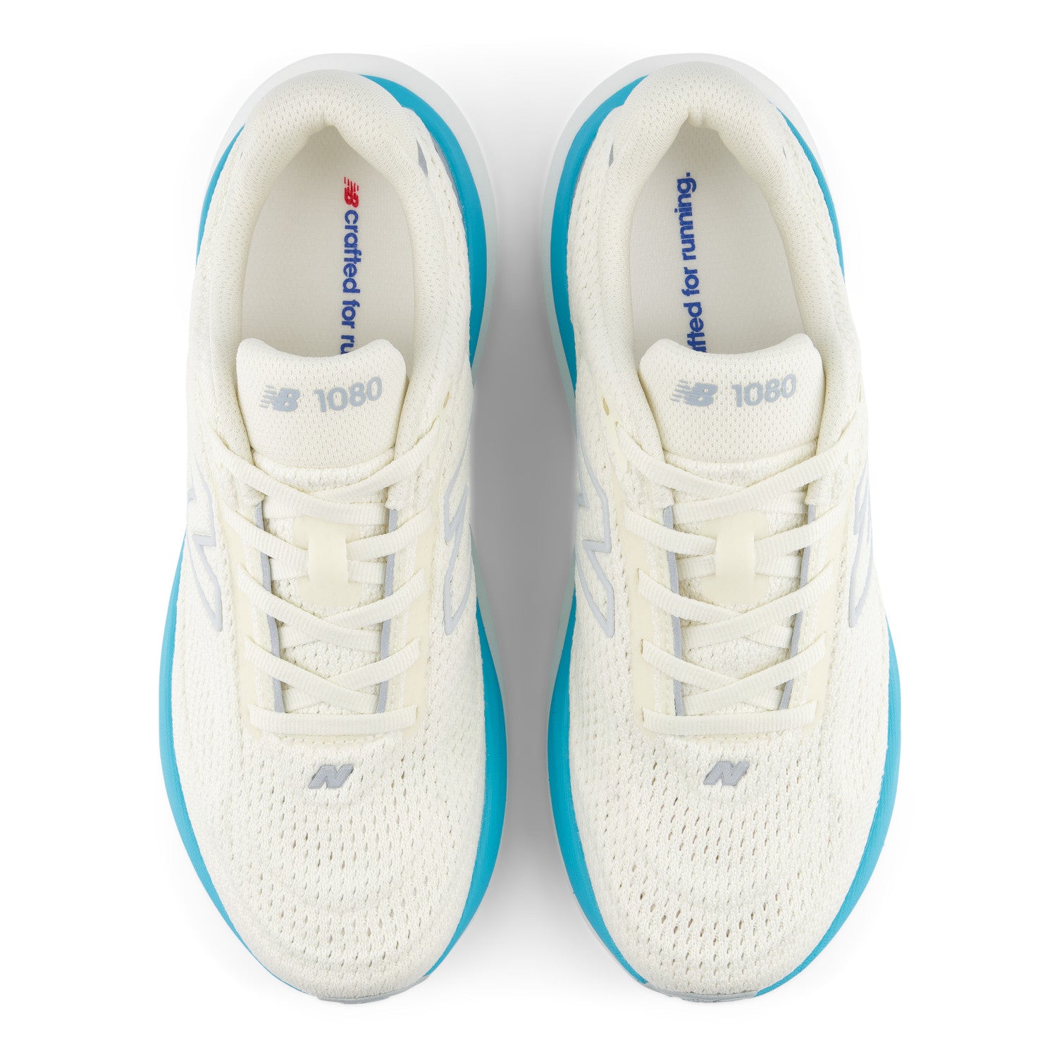 White running shoes with blue accents on a white background