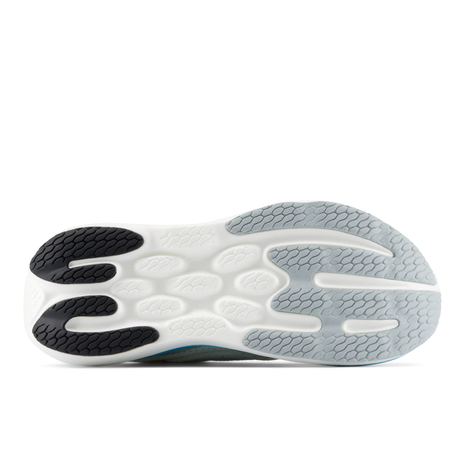 Close-up of a shoe sole with a white and gray design on a white background