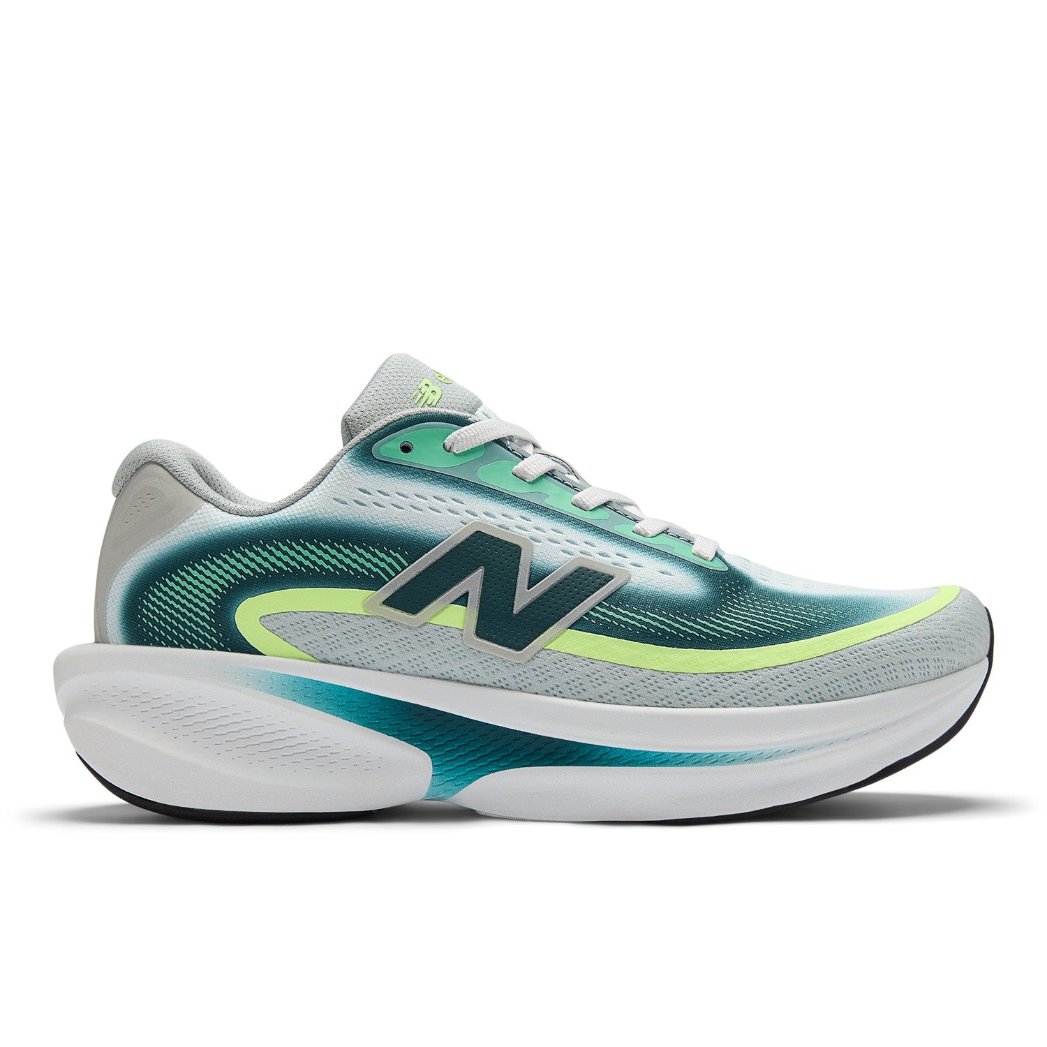 Green and gray running shoe with New Balance logo on a white background