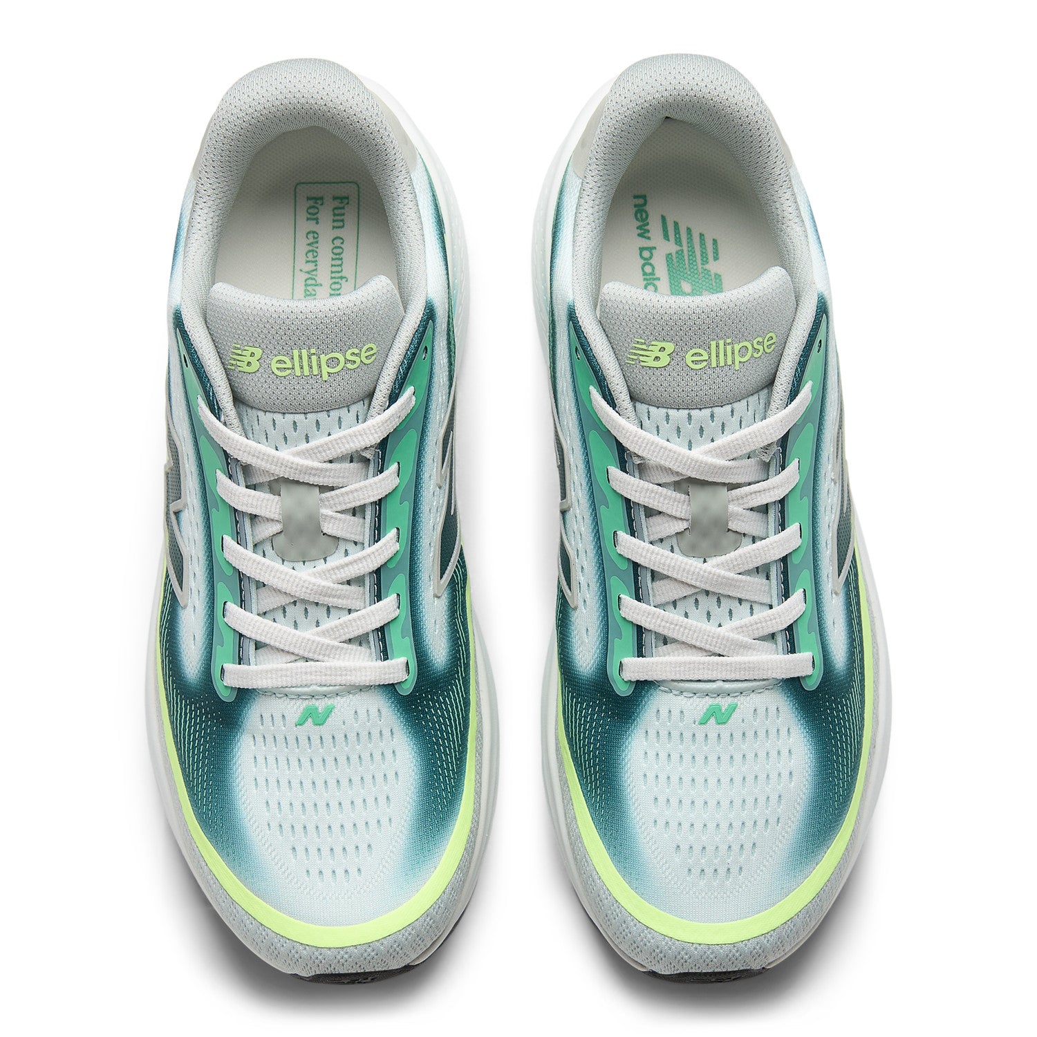 Pair of white and green running shoes with 'ellipse' branding on a white background