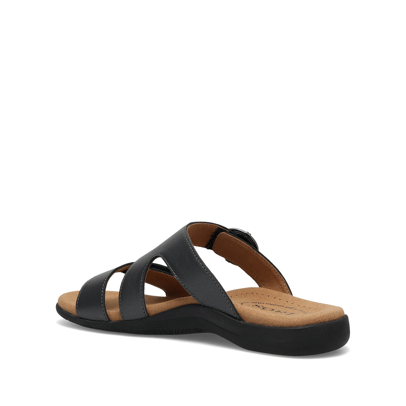Black sandal with a tan insole on a white background