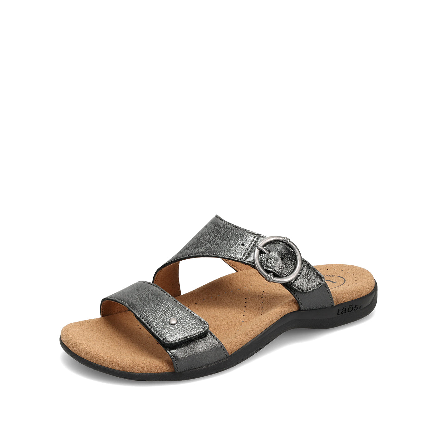 Silver sandal with a brown sole on a white background