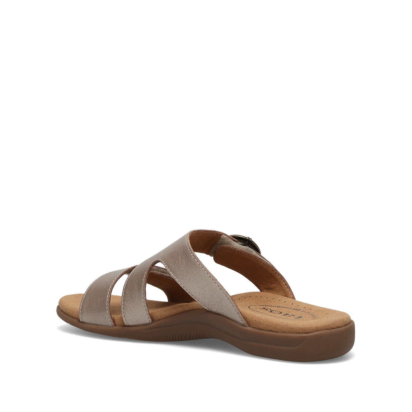 Brown sandal with criss-cross straps on a white background