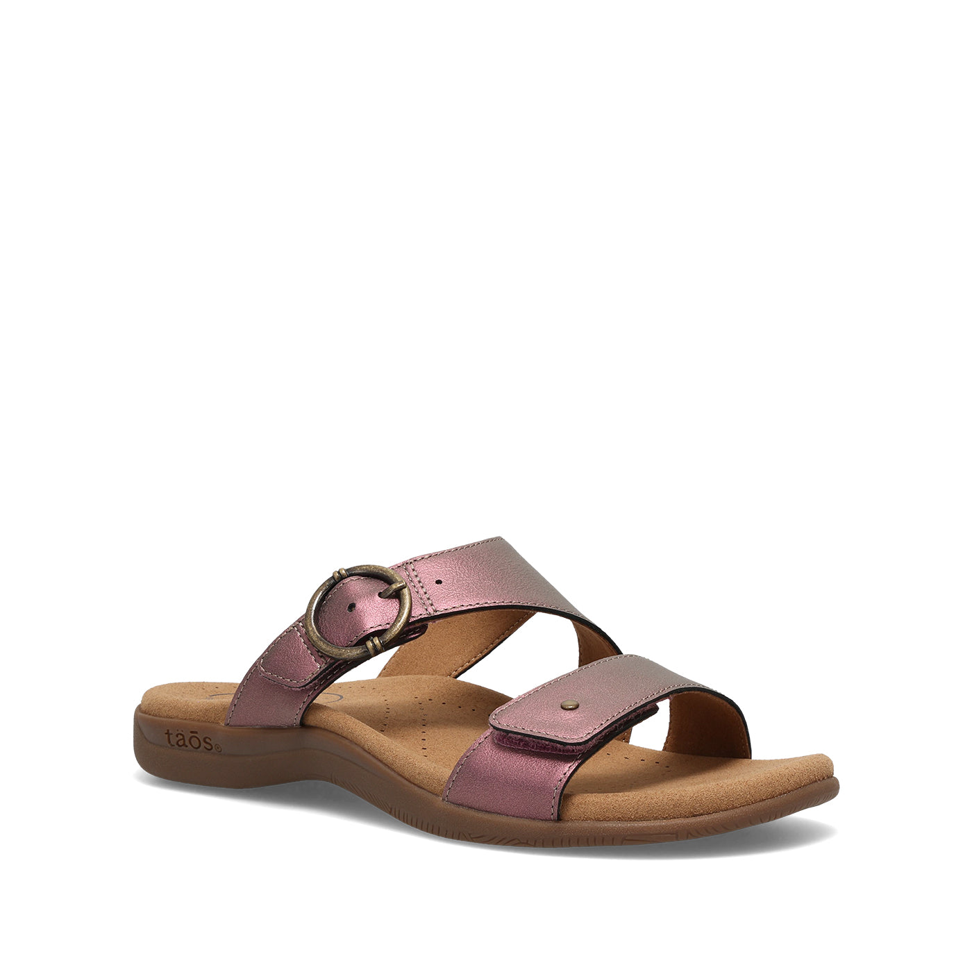 Pink sandal with a brown sole on a white background