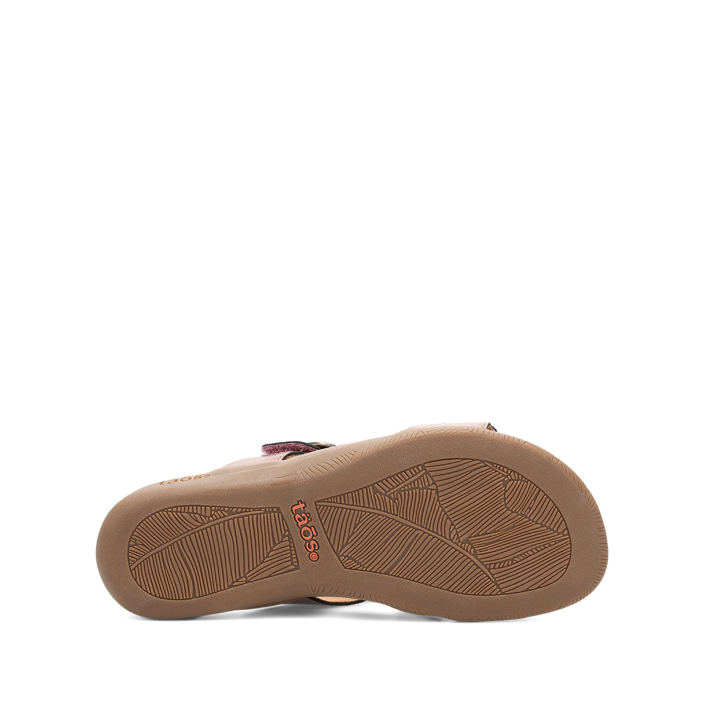 Tan sandal sole with brand logo on a white background
