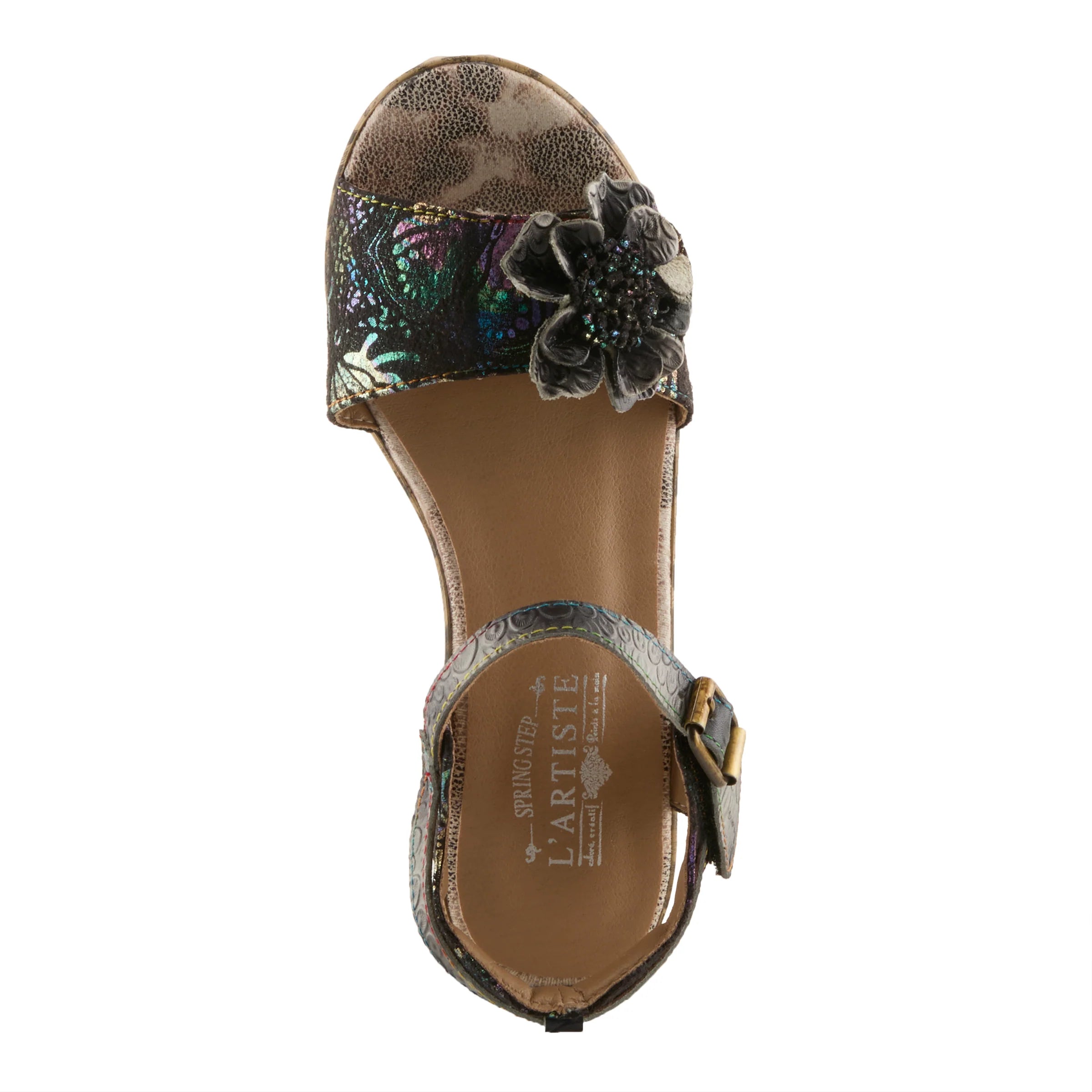 Sandal with floral design and 'L'Artiste' branding on a white background
