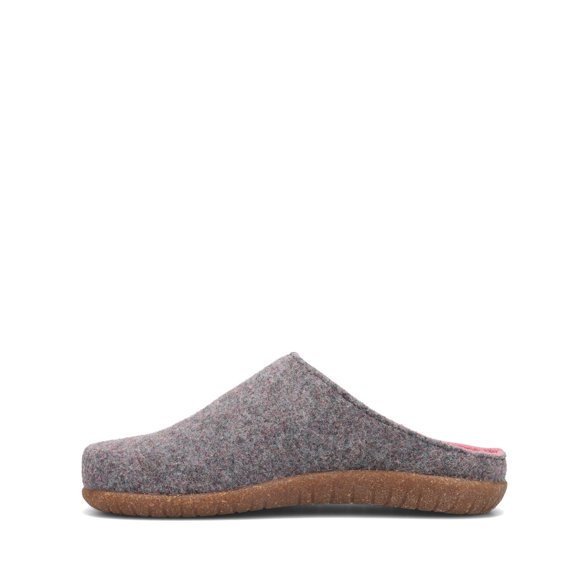 Gray slipper with brown sole on a white background