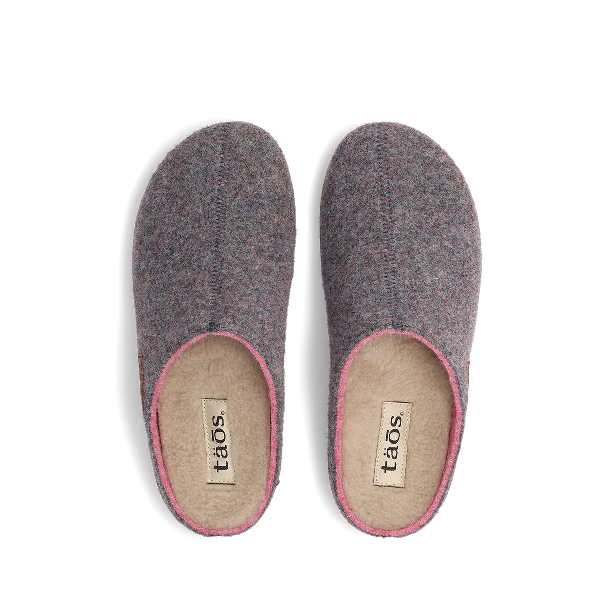 A pair of Tao's wool felt slip-on slippers in a heathered gray and pink colorway, shown from a top-down view on a white background.