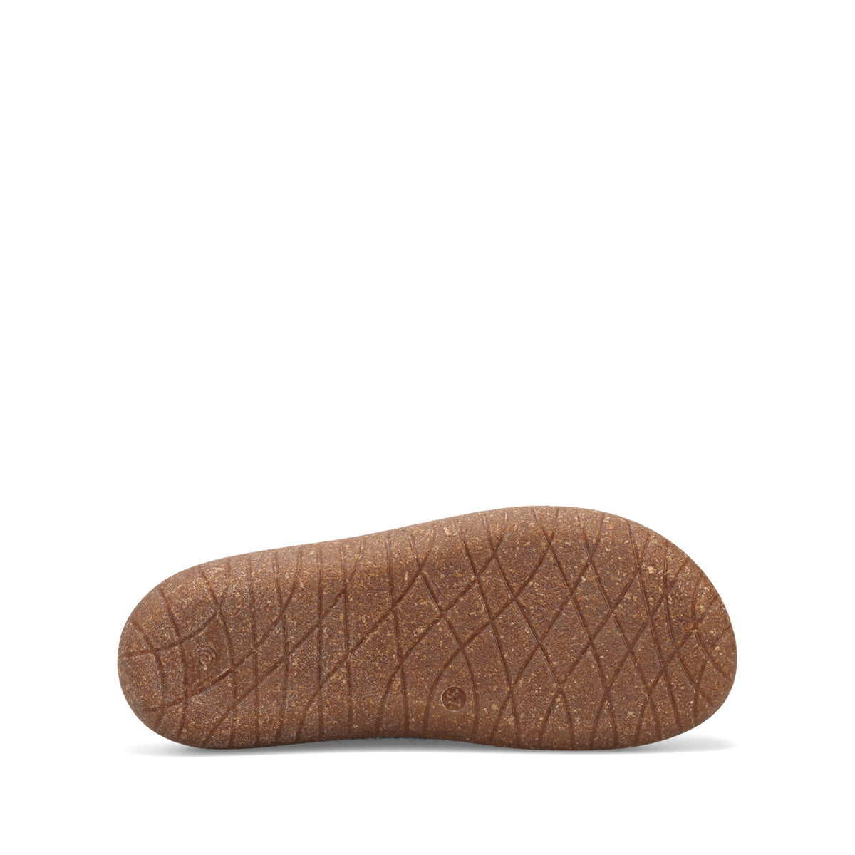 The textured brown outsole of a shoe, showing a diamond-patterned tread, photographed against a solid white background.
