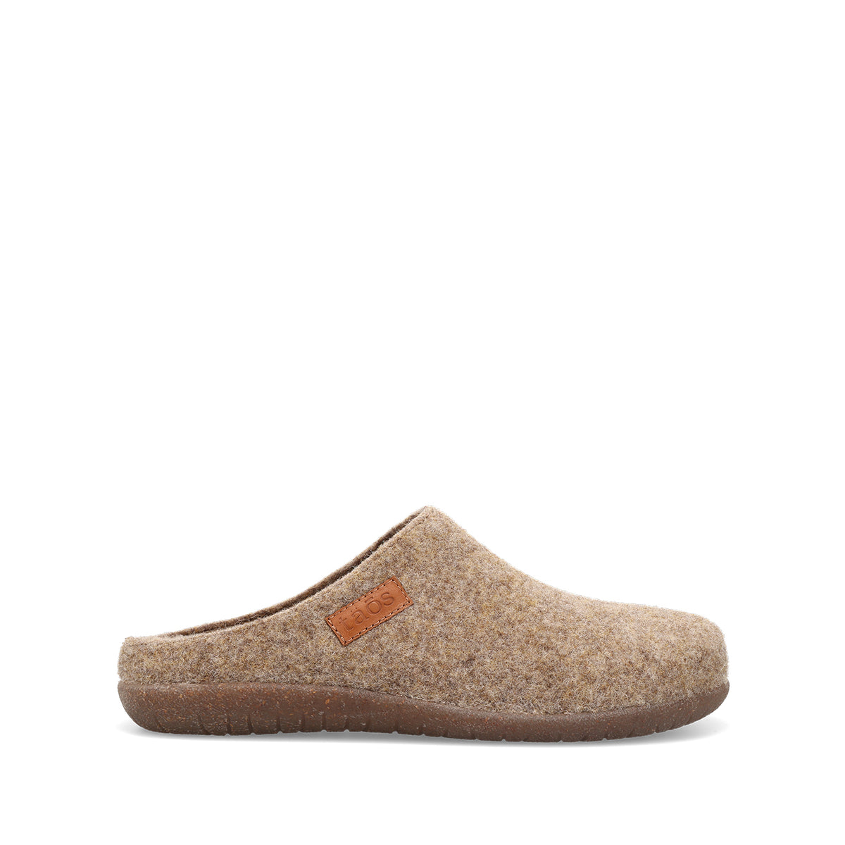A single slip-on clog shoe made of textured brown felt, featuring a small brown leather brand patch on the side and a brown rubber sole, shown against a plain white background.