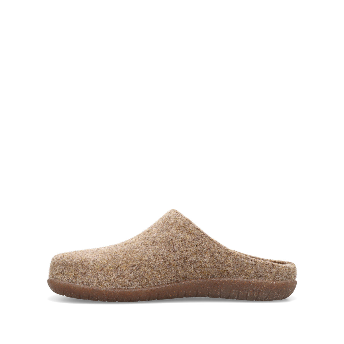 A single slip-on clog-style shoe in a textured tan and brown felt upper with a brown sole, shown in side profile against a plain white background.