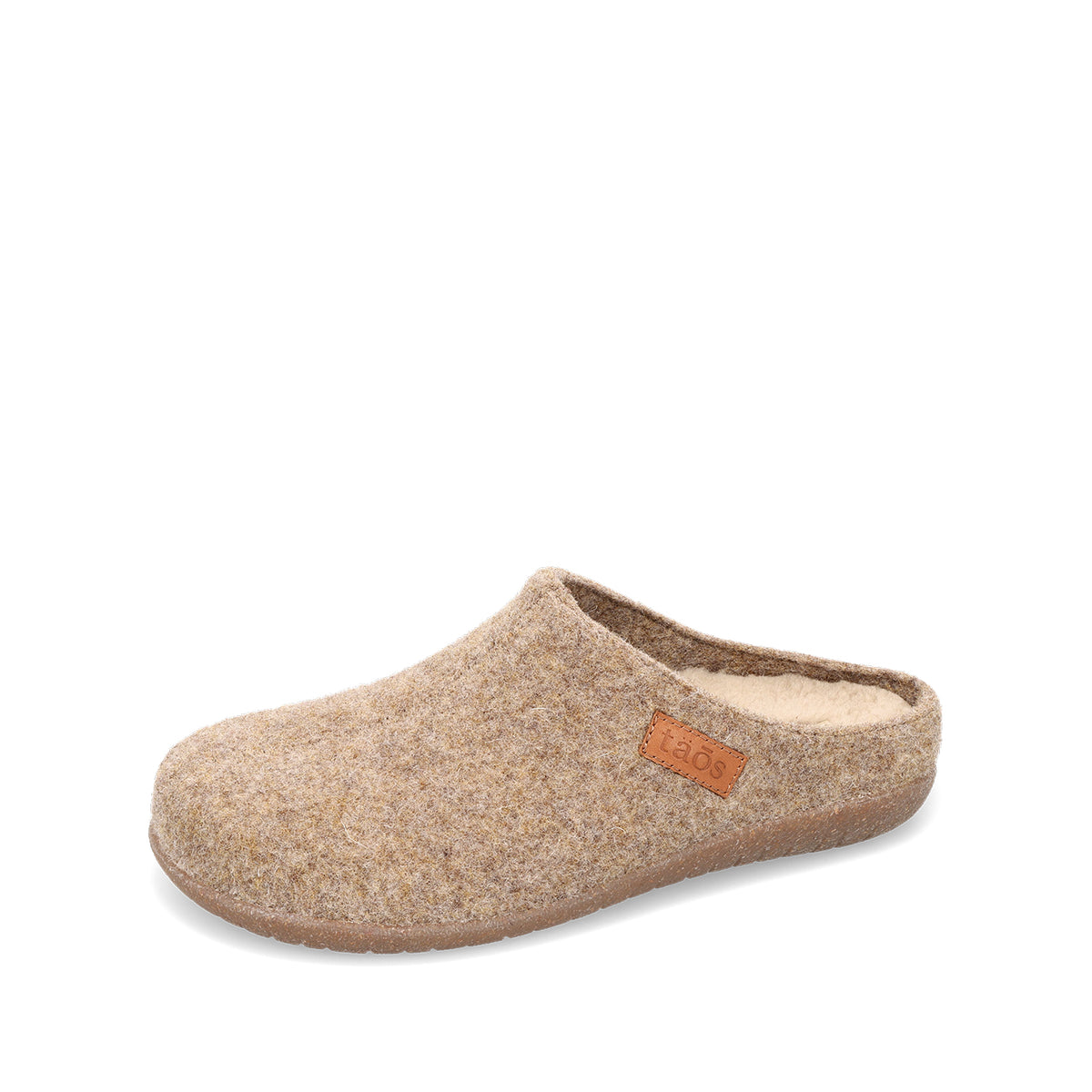 A single clog-style slipper in a textured beige felt material with a small brown leather brand patch on the side, shown on a clean white background.